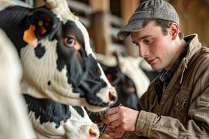 ai generiert Farmer Aufzeichnung Detail von Kuh im Scheune foto