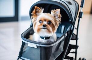 ai generiert klein Hund ist Sitzung im ein Haustier Kinderwagen im Gang von Veterinär Klinik auf verschwommen Hintergrund foto