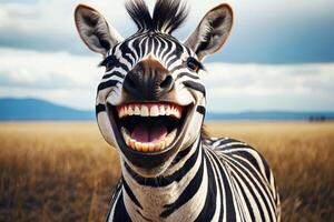 ai generiert lächelnd Zebra mit breit zahnig Grinsen, sieht aus beim Kamera. spielerisch Charme zu Kinder- Bücher, lehrreich Materialien, Tierwelt-Themen Entwürfe, humorvoll Inhalt, Kampagnen mit ein Tier Thema foto