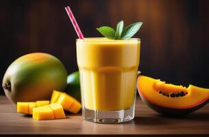 ai generiert Smoothie mit Mango und Papaya, einstellen auf hölzern Tisch. Wesen von tropisch Urlaub, Geschmack von Paradies. Ideal zum Reise Broschüren, Cocktail Menüs, Sozial Medien Beiträge foto