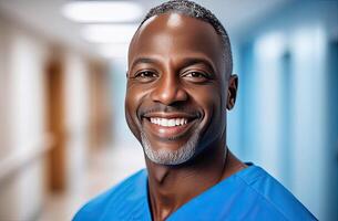 ai generiert Mitte alt schwarz männlich Arzt im Blau Peelings, lächelnd suchen im Kamera, Porträt von Mann Medizin Fachmann, Krankenhaus Arzt, zuversichtlich Praktiker oder der Chirurg. Unschärfe Hintergrund foto
