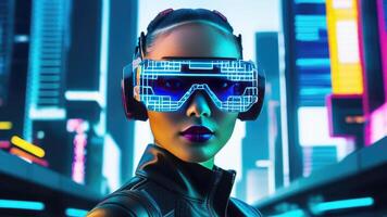 ai generiert Frau im pixelig Neon- Gläser, fortgeschritten Technologie und Schönheit. futuristisch Cyberpunk Stadtbild. Innovation, Futurismus, städtisch Technik Kultur im Digital Design, Werbung, Sci-Fi Projekte foto