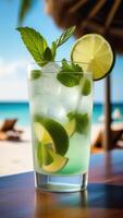 ai generiert Glas von Mojito Cocktail auf Strand Bar Schalter, Blau Himmel, Weiß ozeanisch Sand, Licht verschwommen Hintergrund, selektiv Fokus, Kopieren Raum foto