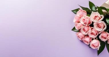 ai generiert Werbung Banner mit Strauß von Blumen auf einfarbig Hintergrund zum Blume Lieferung Geschäft. eben legen, Sanft Fokus, Kopieren Raum zum positiv inspirierend, emotional, sentimental Zitat foto