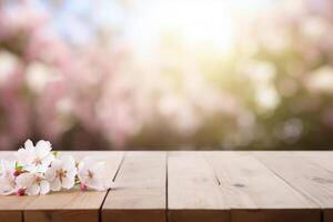 ai generiert hölzern Tischplatte mit klein Kirsche blühen Ast im Frühling Jahreszeit auf verschwommen Hintergrund Rosa zart Schatten. Hintergrund zum Produkt oder Grafik Design Arbeit Anzeige. selektiv Fokus foto