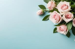 ai generiert Werbung Banner mit Strauß von Blumen auf einfarbig Hintergrund zum Blume Lieferung Geschäft. eben legen, Sanft Fokus, Kopieren Raum zum positiv inspirierend, emotional, sentimental Zitat foto