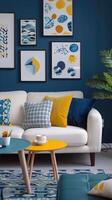 ein gemütlich und stilvoll Leben Zimmer mit modern Dekor im Gelb und Blau Farben foto