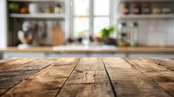 rustikal hölzern Tischplatte mit verschwommen Küche Hintergrund foto