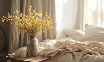 ein verträumt Schlafzimmer Rahmen mit ein Vase von Mimose Blumen platziert auf ein Bett Tabelle foto