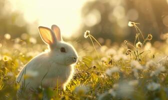 ein flauschige Weiß Hase im ein sonnendurchflutet Wiese foto