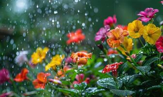 Regentropfen fallen auf bunt Frühling Blumen im ein Garten foto