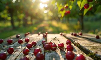 reif Kirschen verstreut auf ein hölzern Picknick Tabelle im das gesprenkelt Sonnenlicht von ein Kirsche Obstgarten foto