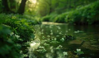 Nahansicht Aussicht von Grün Gras und Leben in der Nähe von das Strom im Frühling Wald foto