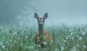 Brache Hirsch im ein nebelig Feld mit trocken Gras und wild Blumen foto