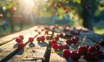 reif Kirschen verstreut auf ein hölzern Picknick Tabelle im das gesprenkelt Sonnenlicht von ein Kirsche Obstgarten foto