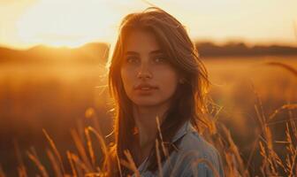 Porträt von jung Frau im das Feld im Sonnenuntergang Licht foto