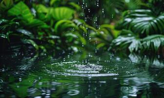 Regentropfen fallen in ein still Teich umgeben durch üppig Vegetation foto