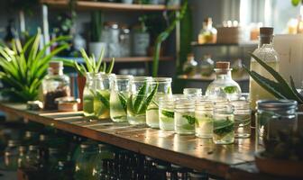 ein Apotheker Werkstatt gefüllt mit Gläser von Natur kosmetisch mit Aloe foto