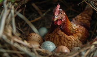 ein Henne Bewachung ihr frisch gelegt Eier im ein Nest foto