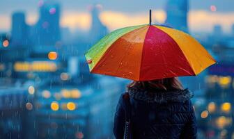 ein Person Stehen unter ein bunt Regenschirm foto