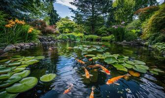 ein Garten Teich geschmückt mit Koi Fisch Schwimmen unter Wasser Lilien und üppig Grün foto