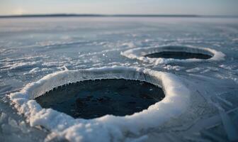 ein Paar von Eis Angeln Löcher gebohrt in das gefroren Oberfläche von ein See foto