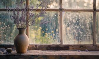 ein Jahrgang Fenster Schwelle mit ein Keramik Vase enthält Lavendel Blume foto