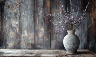 ein rustikal hölzern Tabelle geschmückt mit ein verwittert Vase gefüllt mit Wildblumen foto