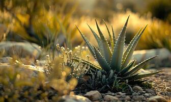 ein Aloe vera Pflanze blühend im ein Wüste Garten foto
