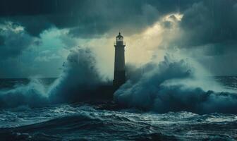 ein Leuchtturm Stehen hoch gegen das Hintergrund von ein stürmisch Ozean foto