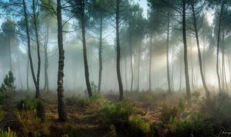 ein neblig Morgen im das Kiefer Wald, Natur Hintergrund foto