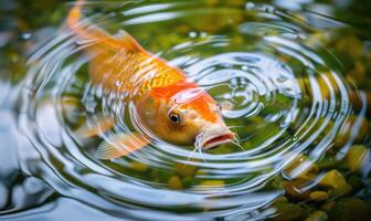 Nahansicht von ein schön Koi Fisch steigend zu das Oberfläche von das Wasser foto