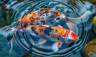 Nahansicht von ein Paar von Koi Fisch Schwimmen im ein Teich foto