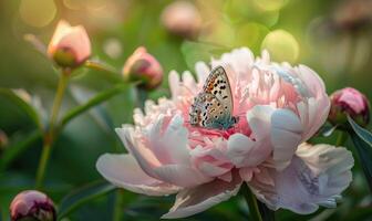 Nahansicht von ein Pfingstrose Blume mit ein Schmetterling ruhen auf es ist Blütenblätter foto