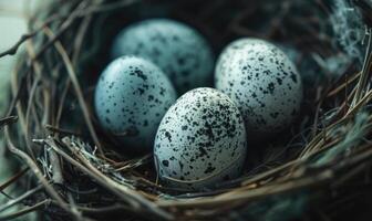 Nahansicht von ein Nest mit gesprenkelt Eier foto
