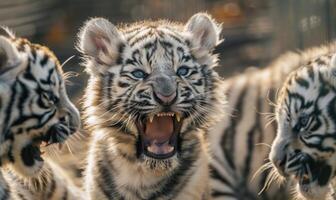 Nahansicht von ein Weiß Tiger Jungen bezahlen zusammen foto