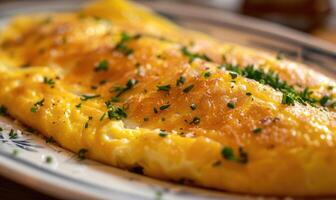 Nahansicht von ein golden Omelette auf ein Teller foto