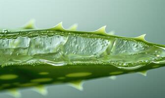Nahansicht von ein frisch Schnitt Aloe vera Blatt Nässen mit Gel foto