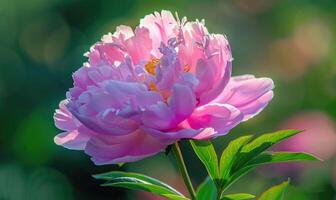 Nahansicht von ein Rosa Pfingstrose im voll blühen im ein Garten foto