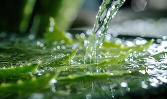 Nahansicht von süß Aloe vera Blatt und Wasser foto