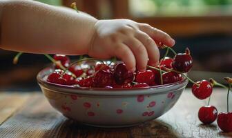 Nahansicht von ein Kinder Hand erreichen zum ein reif Kirsche von ein Schüssel foto