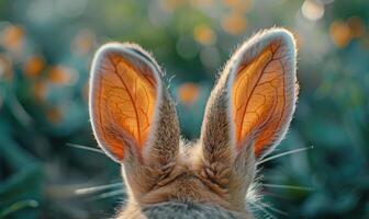 Nahansicht von ein flauschige Hasen Ohren munter oben foto