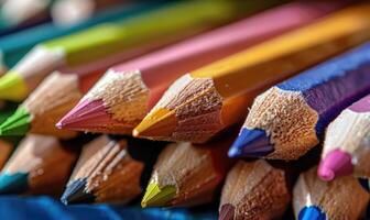 Nahansicht von ein Bündel von farbig Bleistifte, abstrakt Hintergrund mit farbig Bleistifte Makro Aussicht foto