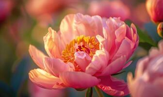 Nahansicht von ein Rosa Pfingstrose im voll blühen im ein Garten foto