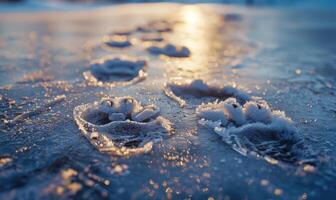 Nahansicht von Tier Fußabdrücke konserviert im das gefroren Oberfläche von ein See foto