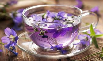Glockenblume Tee im ein Glas Tasse, Kräuter- Tee foto