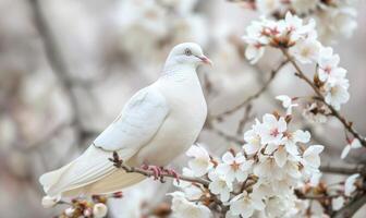 Nahansicht von ein Weiß Taube thront auf ein blühen Kirsche Baum Ast foto