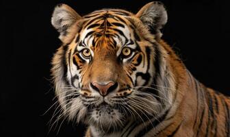 Nahansicht von ein Bengalische-Sibirische Tiger Hybrid im Studio Beleuchtung, Tiger auf schwarz Hintergrund foto
