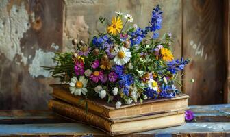 Strauß von Wildblumen platziert auf oben von ein Antiquität Buch foto