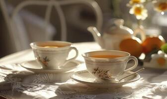 zwei Tassen von Tee serviert im zart Porzellan Tassen foto